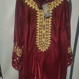 Limelight Maroon and Gold Embroidered Velvet Dress